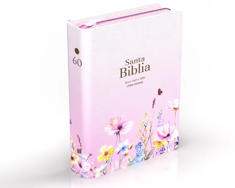 BIBLIA RVR 1960 COMPACTA LETRA GRANDE 11 PUNTOS SIMIL PIEL ROSA FLORES CON CIERRE E INDICE