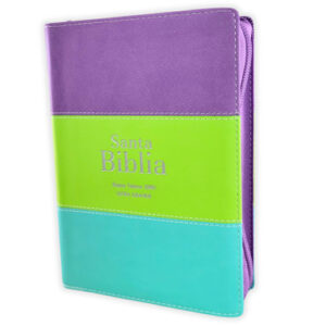 BIBLIA RVR1960 LETRA GRANDE 11 PUNTOS, SÍMIL PIEL TRICOLOR: LILA, VERDE Y AGUAMARINA, CON CIERRE E ÍNDICE.